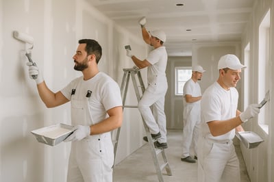 Professional painters and drywall specialists working efficiently on a construction site